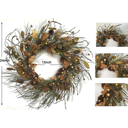 24 Inch Fall Winter Pip Berry Wreath Autumn Artificial Eucalyptus Front Door Wreath Orange Flower Pinecones Ivory Foliage Mixed Wreath on Farmhouse Grapevine for Wall Window Decoration Home Décor 24 Inch Fall Winter Pip Berry Wreath Autumn Artificial Eucalyptus Front Door Wreath Orange Flower Pinecones Ivory Foliage Mixed Wreath on Farmhouse Grapevine for Wall Window Decoration Home Décor